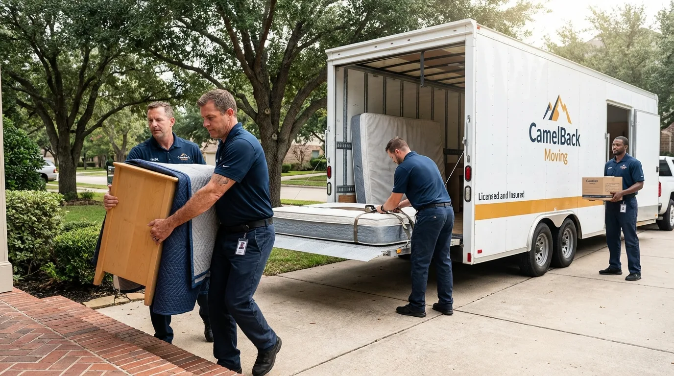 Crew loading residential truck for cross-state move from Bottineau, ND