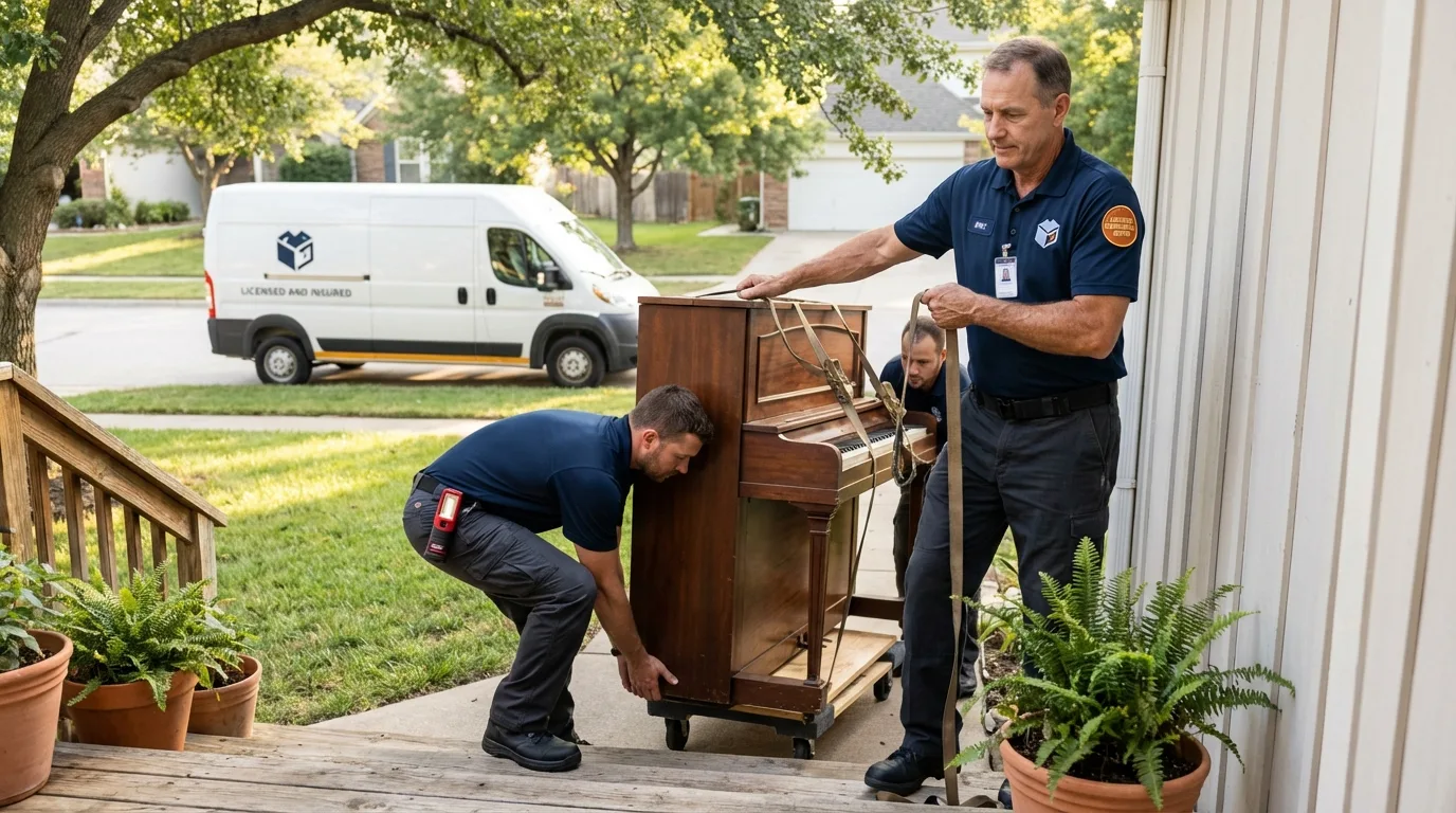 Licensed piano movers securing grand piano in Bottineau, ND