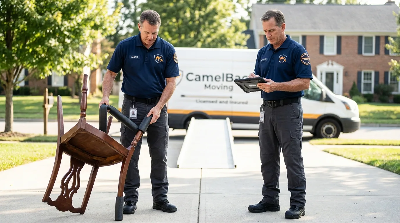 Movers inspecting furniture for damage prevention before loading in Bottineau, ND