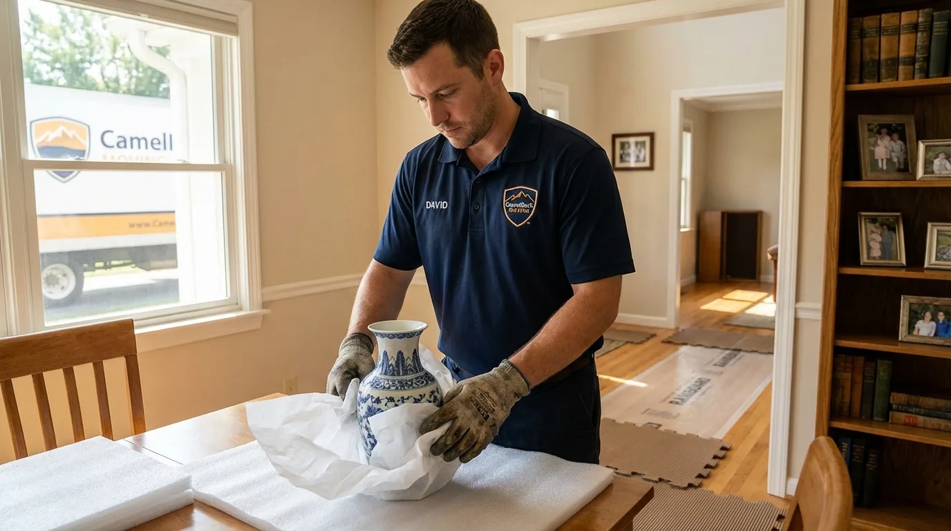 Professional crew carefully wrapping antique vase for senior downsizing move in Bottineau, ND