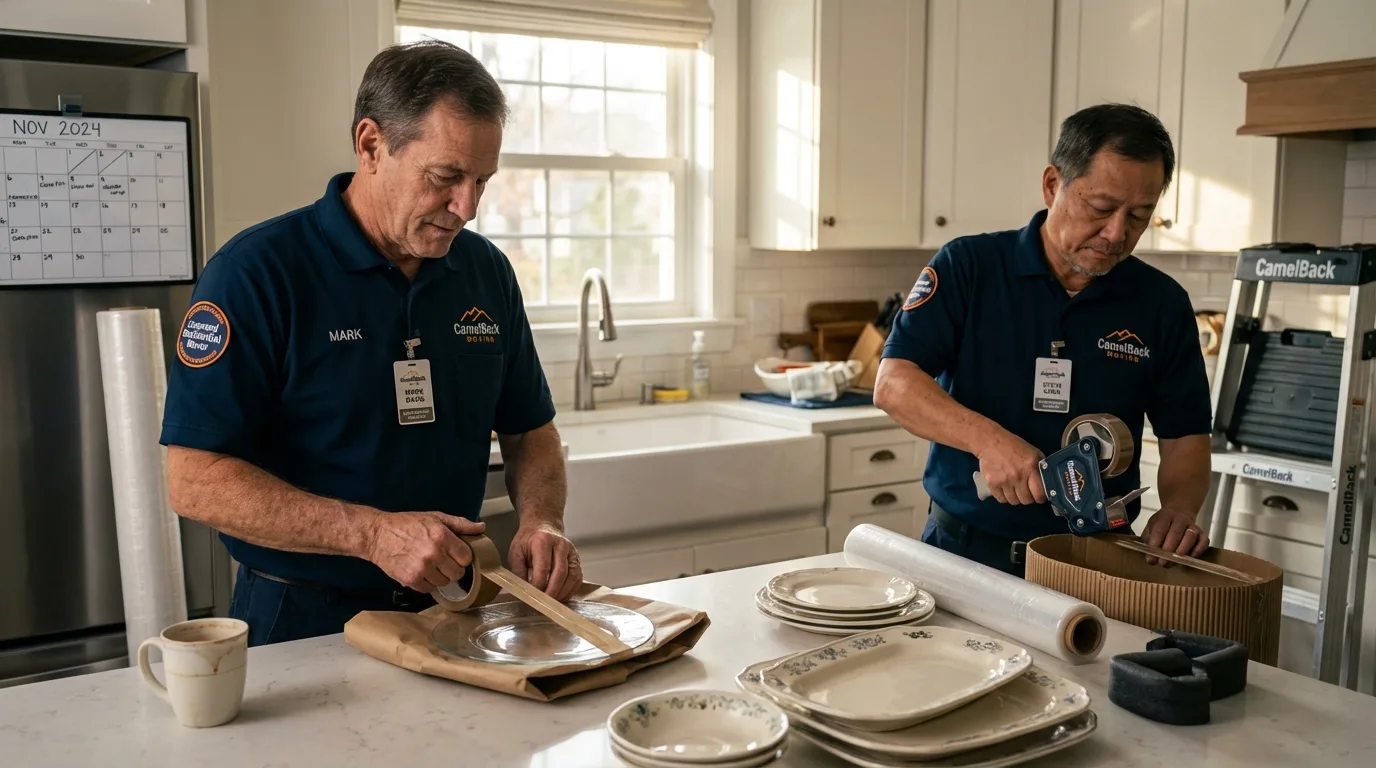 Professional crew packing kitchen dishware in Bottineau, ND